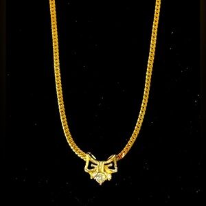 Givenchy Vintage 14k gold plated Rhinestone Bow Pendant Necklace